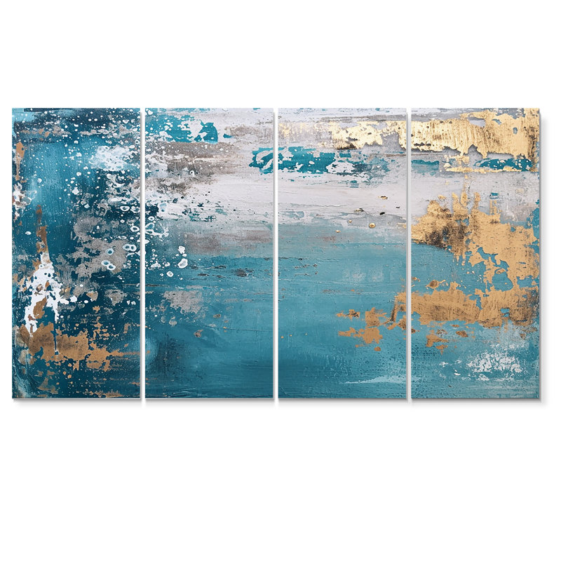 «Sunshine Through The Ocean Rain», art mural abstrait sur toile, 4 pièces, H 32 po x l 64 po
