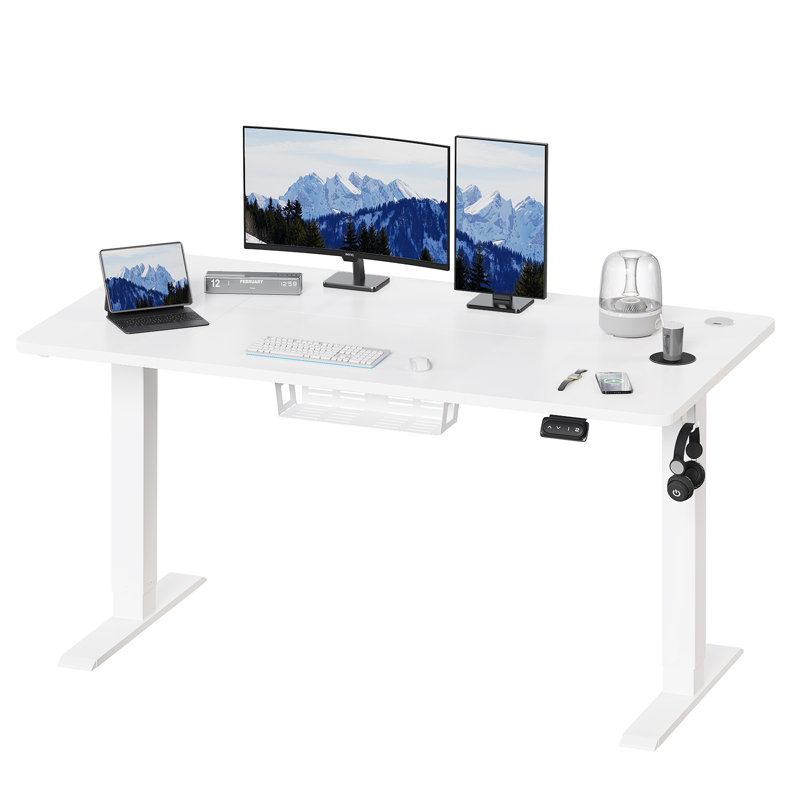 Electric T-Shape Height Adjustable Standing Desk, 140cm W x 60cm D, White