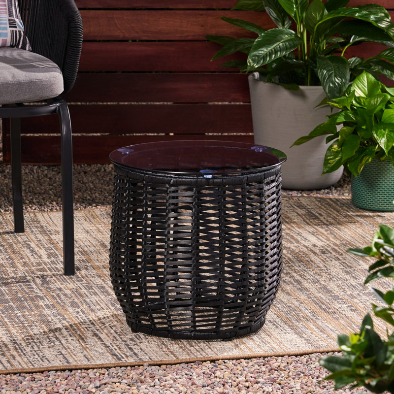 Table d'appoint de patio en verre trempé de 15,35 po, avec cadre en fer thermolaqué de style 15,35 po
