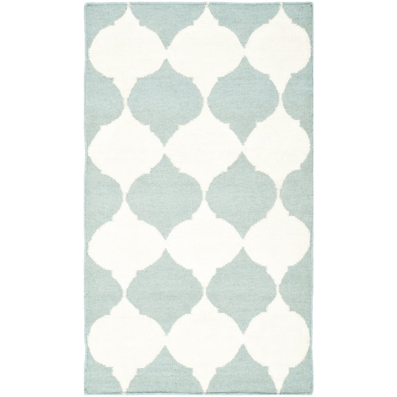 Rodgers Hand Woven Flat Weave Banana Silk/Wool/Cotton Geometric Rug in Ivory/Light Blue, Rectangle 2'6" x 4'