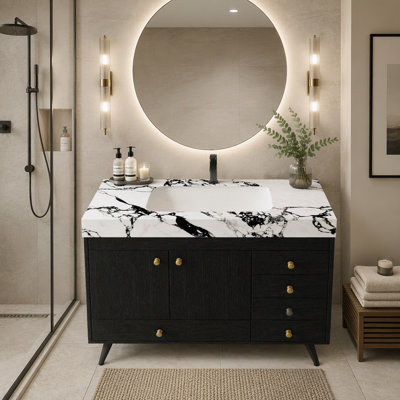 Meuble-lavabo autoportant 36 po avec comptoir en faux marbre, lavabo en céramique, 5 tiroirs et pieds en acier inoxydable