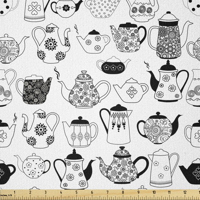 Tissu Tea Party par The Yard, tasses à motifs floraux avec différents motifs de cuisine monochrome intemporelle