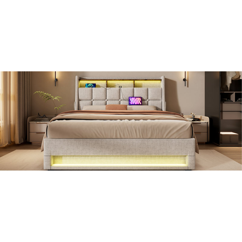 Grand lit avec lumières à DEL et poche latérale pratique - rangement rembourré naturel, Naturel, Grand lit