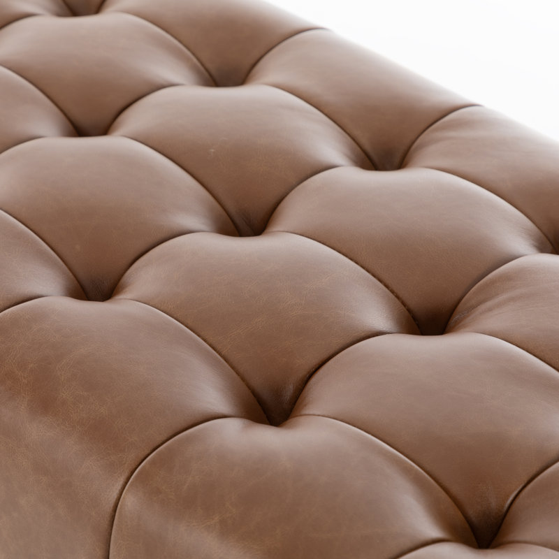 130cm Wide Genuine Leather Bench Tufted Iron Frame , Cognac
