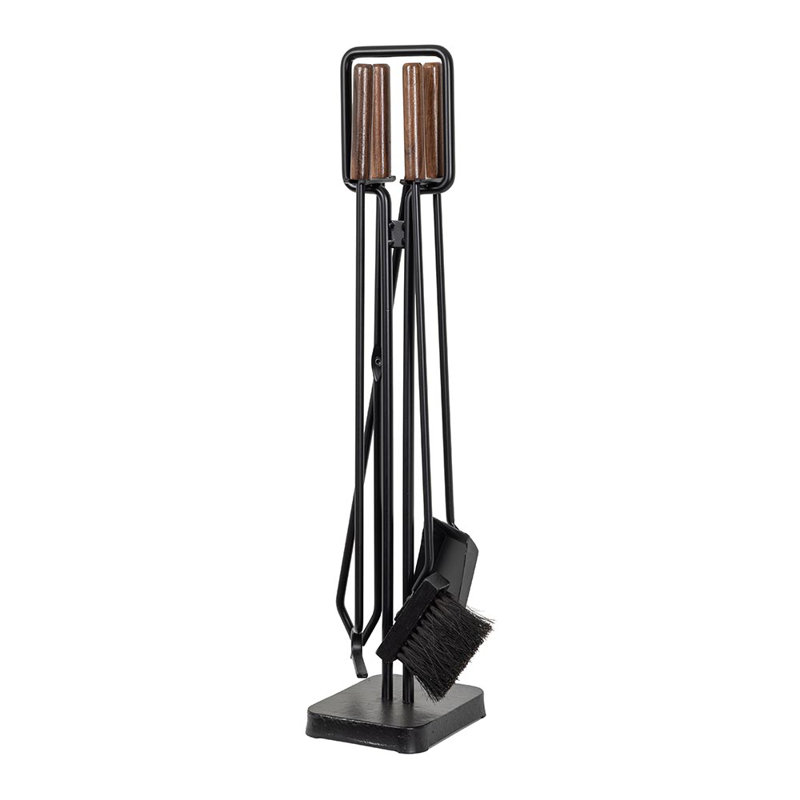 Modern Black and Walnut Steel Fireplace Tool Set with Wood Handles