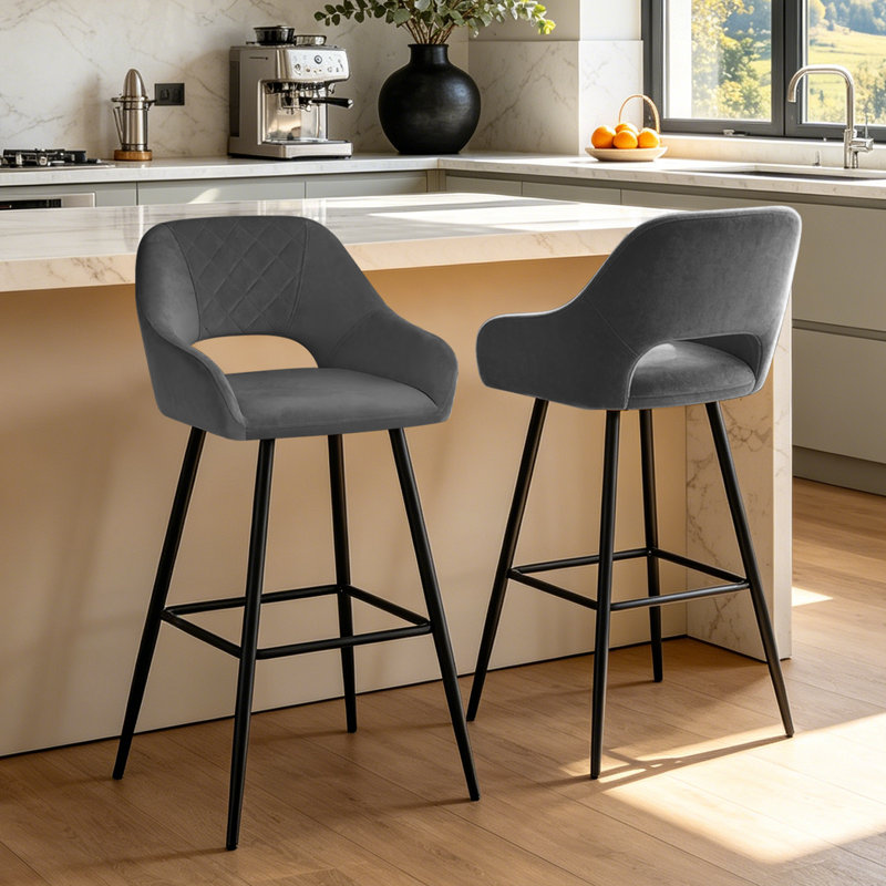 Velvet Upholstered Bar Stools with Armrests, Grey