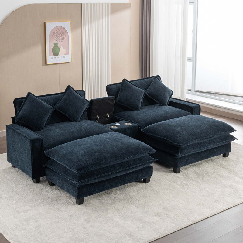 111" Sectional Sofa Chenille Upholstered Sofa with Two Removable Ottoman, Two USB Ports, Two Cup Holders and Large Storage Box for Living Room