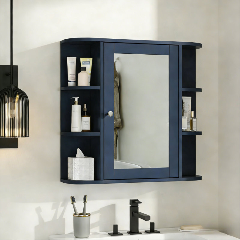 Armoire de rangement murale de salle de bain avec miroir, armoire à pharmacie avec tablette en bois réglable et portes, armoires de rangement montées avec 6 tablettes ouvertes