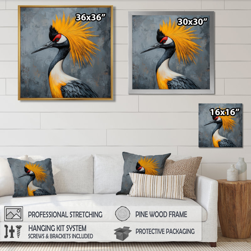 Grue grise et jaune - oiseau, art mural, Reproduction encadrée d'une seule photo, Noir, H 16 po x l 16 po