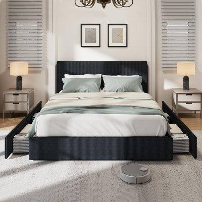Bed Frame, Full Size Platform Bed Frame with 4 Storage Drawers, Upholstered Corduroy Channel Tufted Headboard Bed Frame with Strong Wooden Slat Support, No Box Spring Needed, Beige