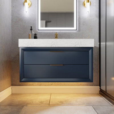 Meuble-lavabo mural simple de 48 po avec comptoir en pierre Melora, lumière DEL et tiroirs à fermeture en douceur, design moderne