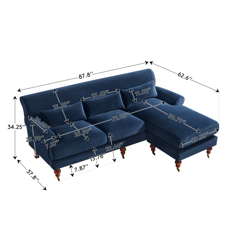 Canapé d'angle en velours en forme de L avec méridienne et fauteuil assorti — Pieds en bois tournés, Blue