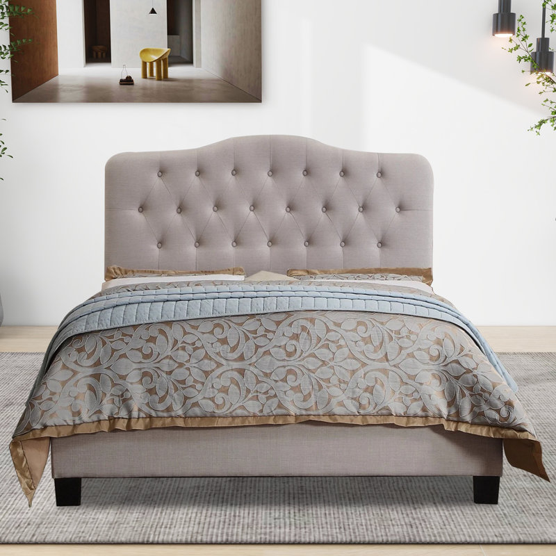 Structure de lit tapissier capitonné avec tête de lit à hauteur réglable, Lit double , Beige
