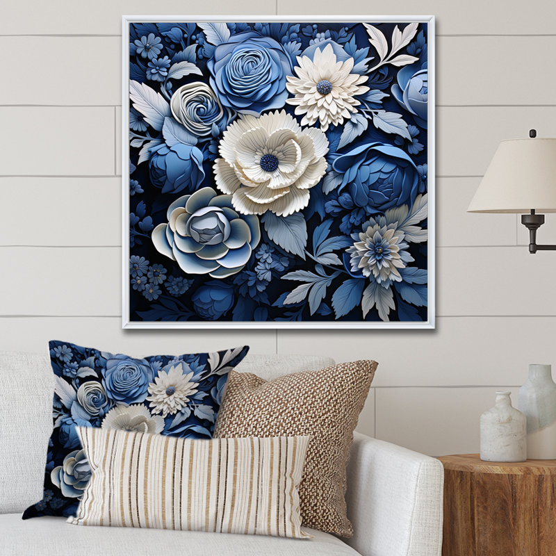 Aquarelle de fleurs saisonnières bleues et blanches I - reproduction, Cadre flottant blanc, H 30 po x l 30 po x P 1 po