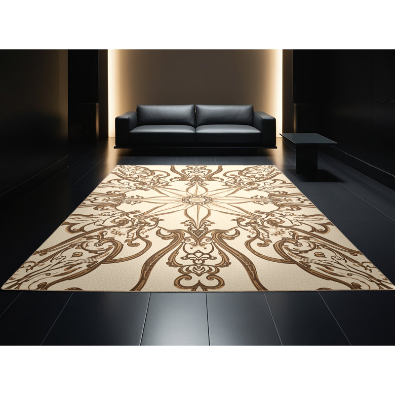 Soft Plush Hewson Geometry Compass Design Classic Damask Area Rug in Beige – Beige Binding, 8x12