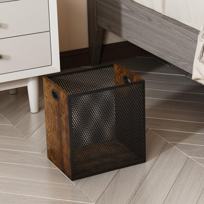 Retro Office Trash Can, Iron And Wood Combination Bedroom Garbage Can, Rectangular Design Wastebasket With Handle, Industrial Style Trash Can For Home Office
