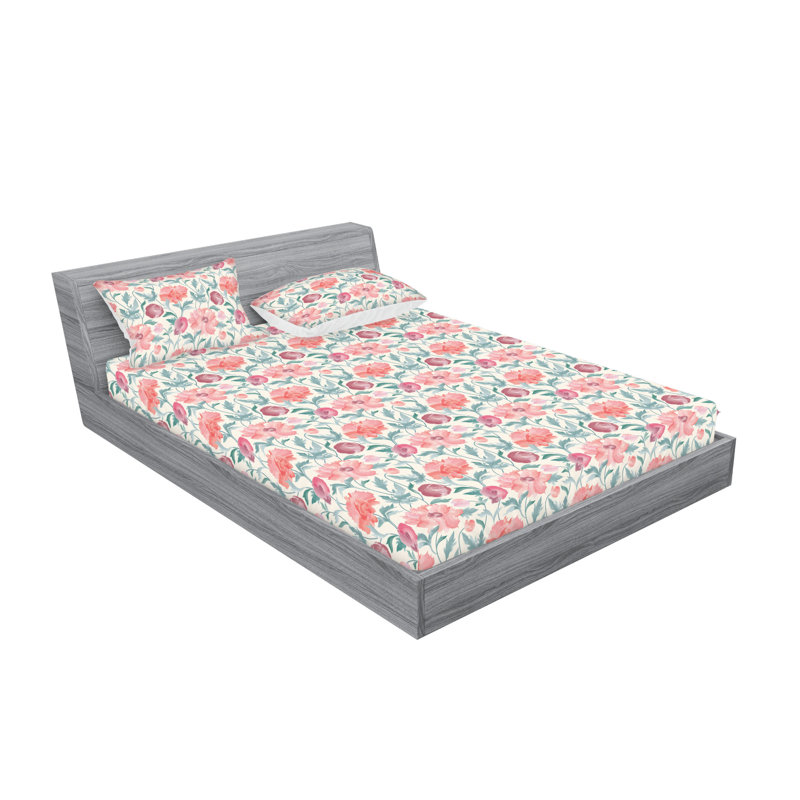 Ambesonne Fitted Sheet & Shams, Queen Sheet Set with 2 Pillowcases, Cadet/Blue Flower