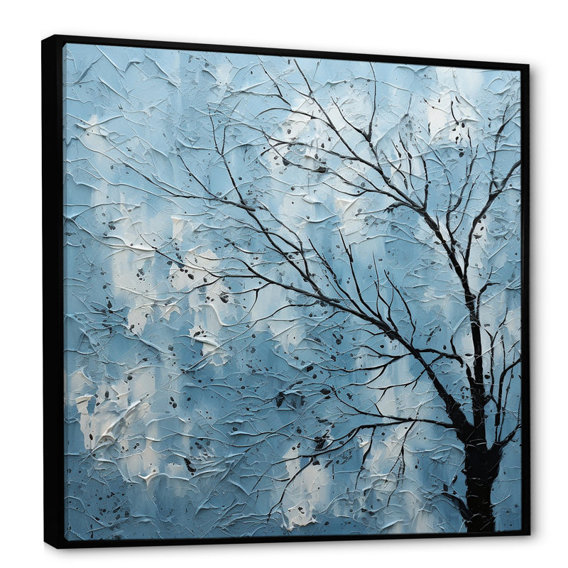 Minimalisme arbre bleu paysage II sur toile, Cadre flottant noir, H 16 po x l 16 po