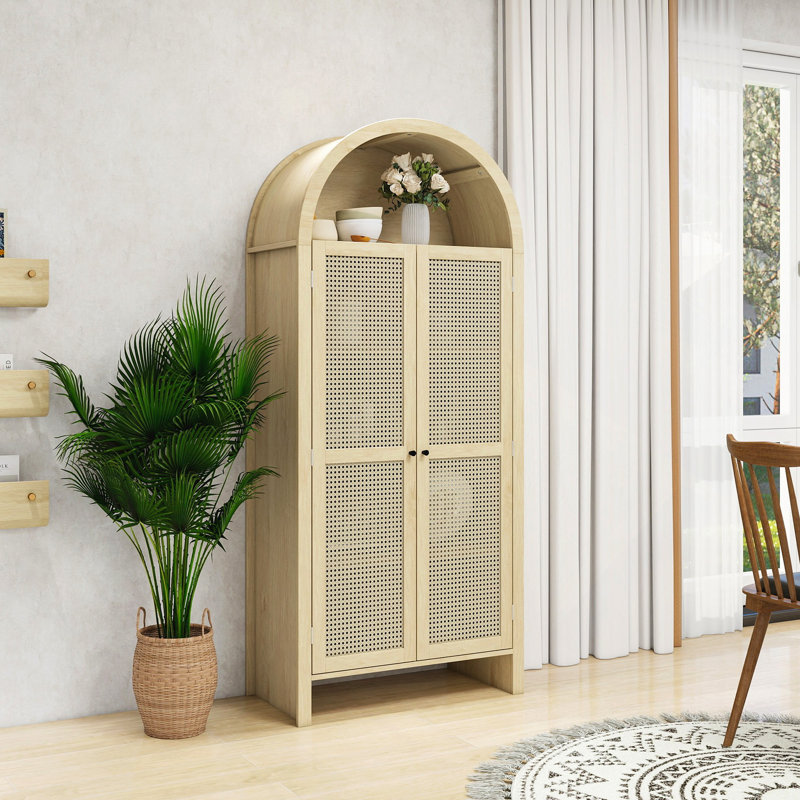 Garde-manger arqué de 70,28 po de hauteur, vitrine de rangement arquée avec 2 tablettes réglables, armoire de rangement polyvalente à porte en rotin pour la cuisine, la salle à manger et le salon