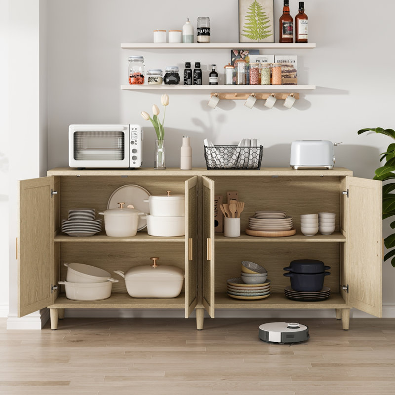 Buffet 70 po à 4 portes en rotin avec tablettes réglables, Naturel