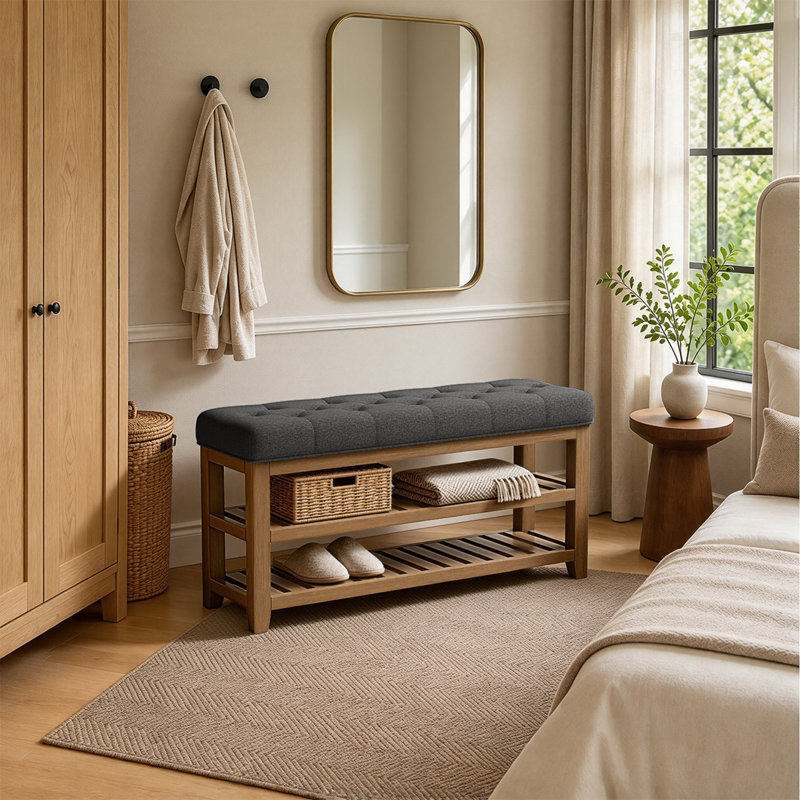 Upholstered Bench with Shelves, 45.28 inch, Dark Grey