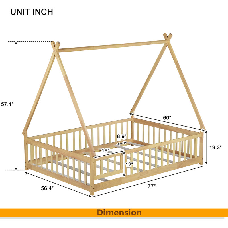 Tent-Shaped Floor Bed,Teepee Bed With Guardrails,Slats, Natural