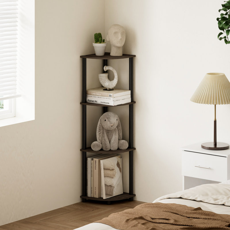 4-Tier 43.5" Corner Bookshelf, Open Shelves for Display and Storage, Columbia Walnut; Black