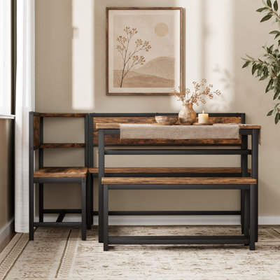 Corner Dining Table Set with L-Shaped Bench and Straight Bench, Space-Saving Breakfast Nook Set with Storage Shelves