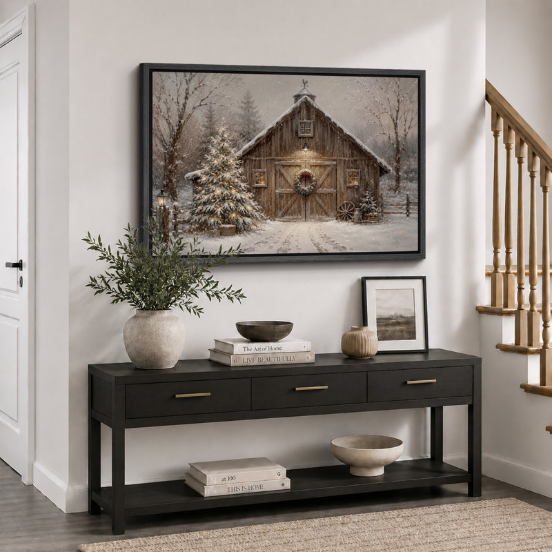 «Winter Snowy Barn Holiday», art du hall d'entrée, impression sur toile encadrée, H 24 po x l 36 po x P 1,5 po, Cadre noir
