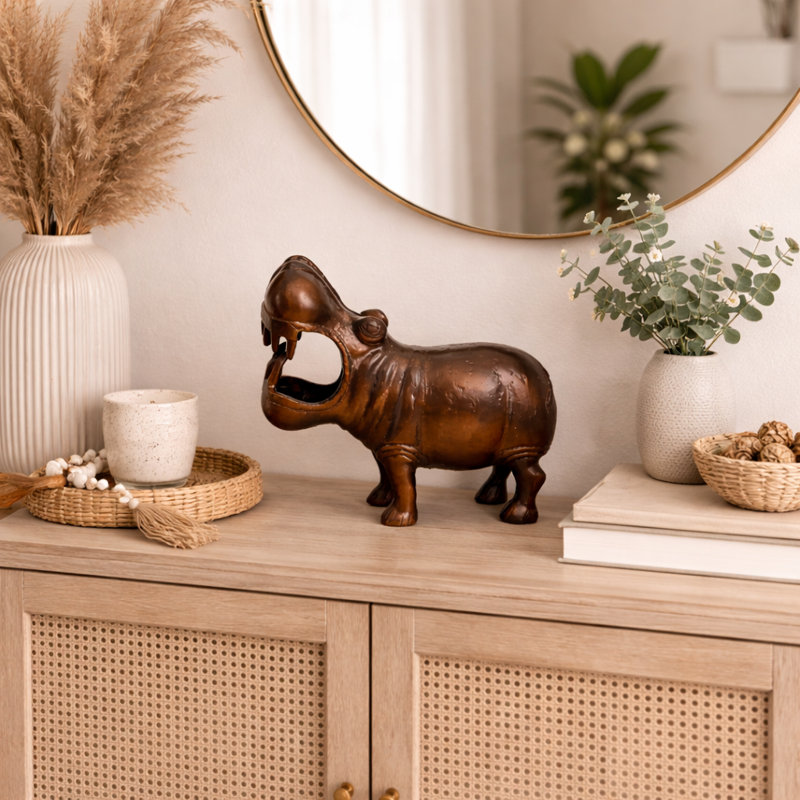 Figurine décorative en aluminium Happy Hippo avec finition cuivre antique | Sculpture animalière unique