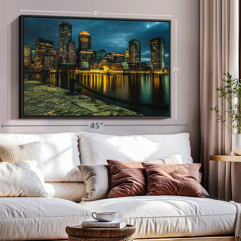 «Boston Skyline At Night Wall Art», H 25 po x l 37 po