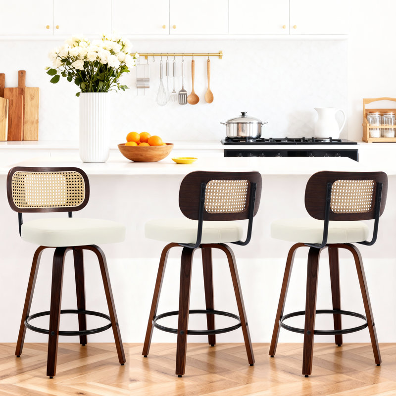Modern Bar Stools Set Of 3, Adjustable 26 Inch Rattan Counter Height Stools With Cane Back，Swivel Counter Stools For Island/Kitchen/Counter/Bar