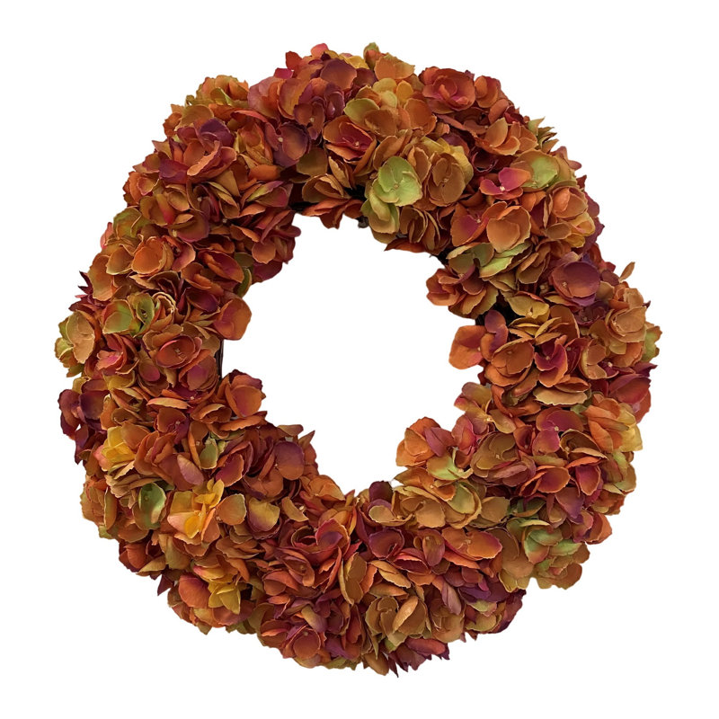 Faux Florals Hydrangea 21" Wreath, Orange/Gold, 24" H x 24" W x 5.5" D