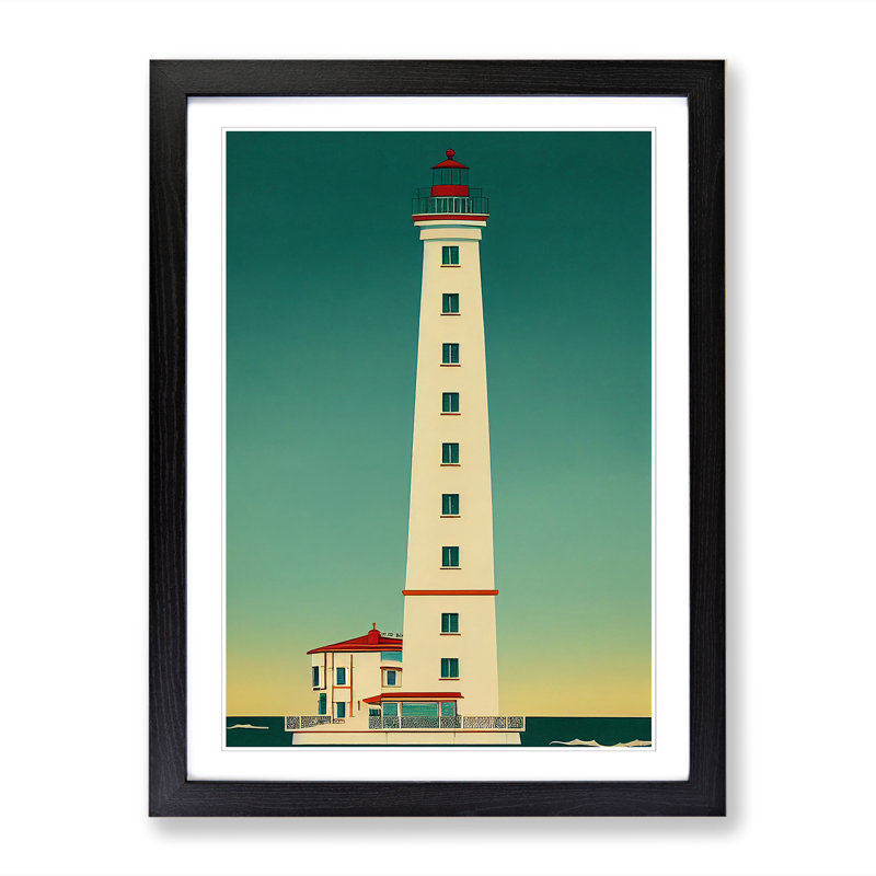 Lindsea Lighthouse Art Deco Style - Single Picture Frame Print, Black, 64cm H x 46cm W x 2cm D