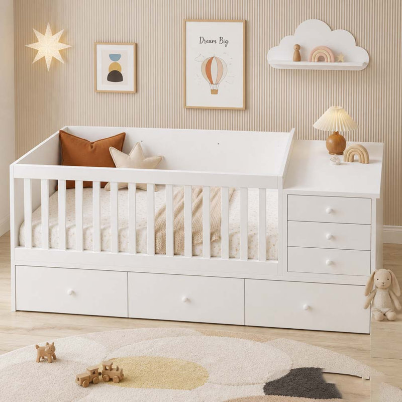 Lit de bébé convertible en lit de jour avec tiroirs, lit de bébé 2 en 1 avec garde-corps en bois massif