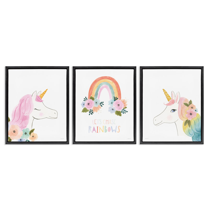Ensemble de toiles 3 pièces «Let Chase Rainbows Unicorns» par Jenaya Jackson, Cadre flottant noir de jais, H 21 po x l 17 po