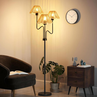 Lampe sur pied en rotin Boho avec télécommande, lampe d'arbre réglable à 3 lumières, ampoules à DEL à intensité variable, parfaite pour le salon et la chambre à coucher