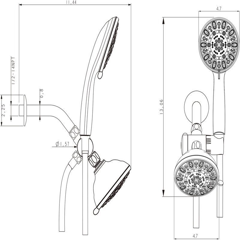 - Ensemble de douche avec pomme de douche standard de 4,7 po et tête de sortie à main 7 po