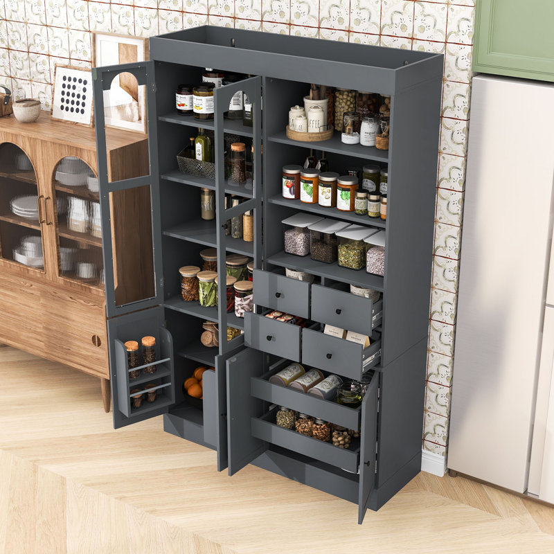 Garde-manger autoportant avec huche, tablettes réglables, 6 portes, 4 tiroirs et plateaux coulissants, Gris