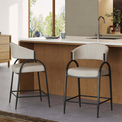 25" Seat Height Modern Fabric Bar Stool with Black Metal Frame, Set of 2