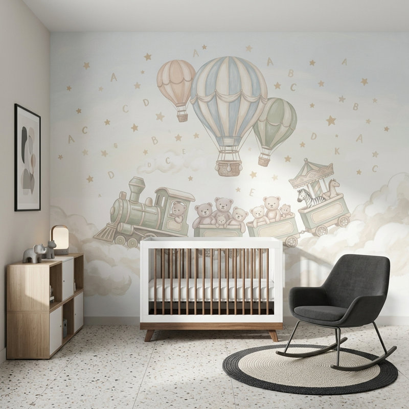 Murale de train d'enfant avec des ballons à air chaud, Non tissé, 160 po x 108 po