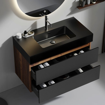 Meuble-lavabo moderne avec texture noyer et tiroirs noirs, armoire murale en noyer