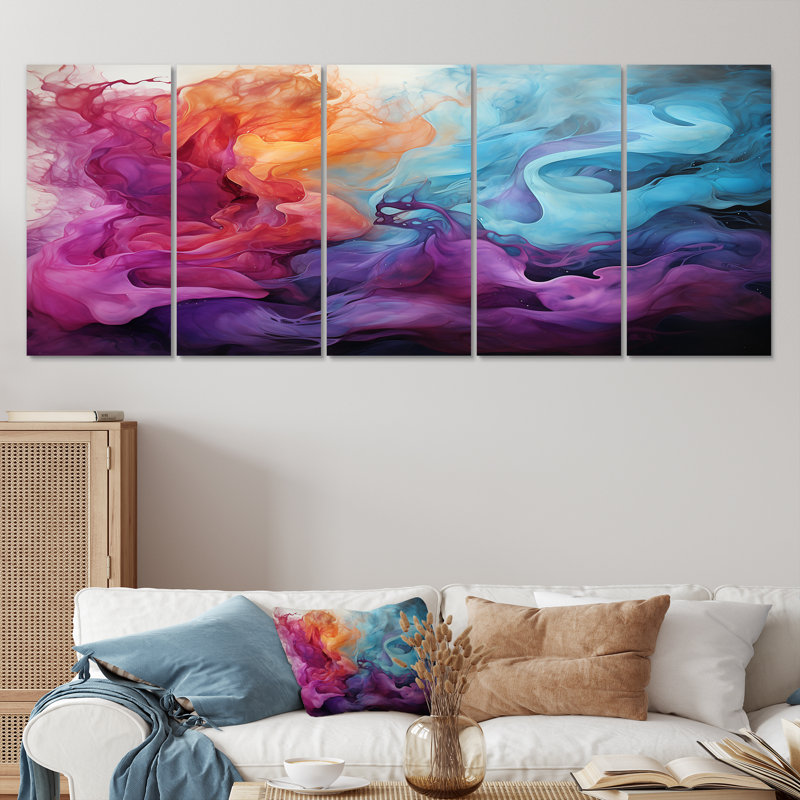 Encre liquide liquide, nuages magenta mauve doré - décoration murale en marbre 5 pièces, H 32 po x l 80 po