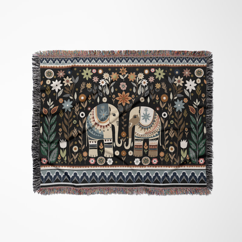 Jeté en mélange de coton Cece Elephant, L 80 po x l 60 po, Noir / bleu / beige