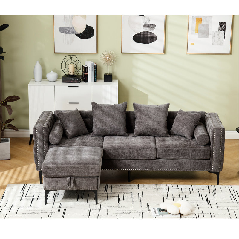 Canapé modulaire gris foncé avec tissu chenille, accoudoir carré, dossier et fonction de rangement convertible, revêtement, 3 places
