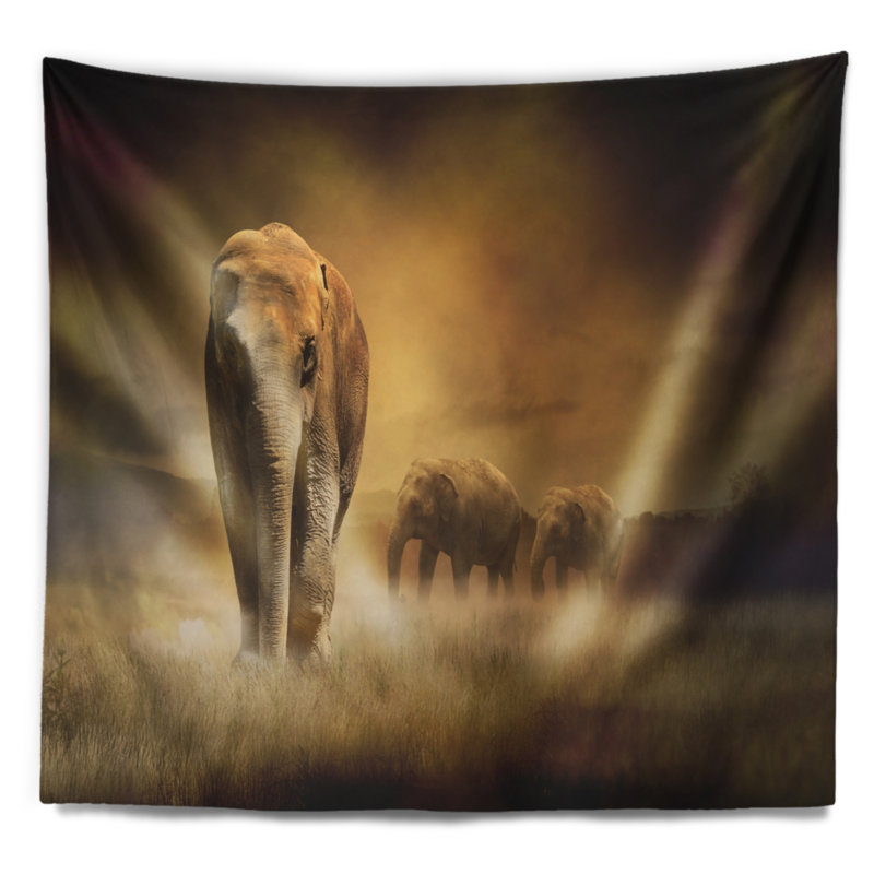 Éléphants au coucher de soleil tapisserie Animal, H 32 po x l 39 po