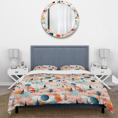 Grey And Blue Poka Dot Retro Landscape I Polyester Dots Duvet Cover Set