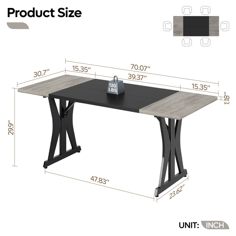 Table de salle à manger 70,87 "rectangulaire pour 6 à 8 personnes, table de cuisine en bois ou tables brunes avec pieds en métal