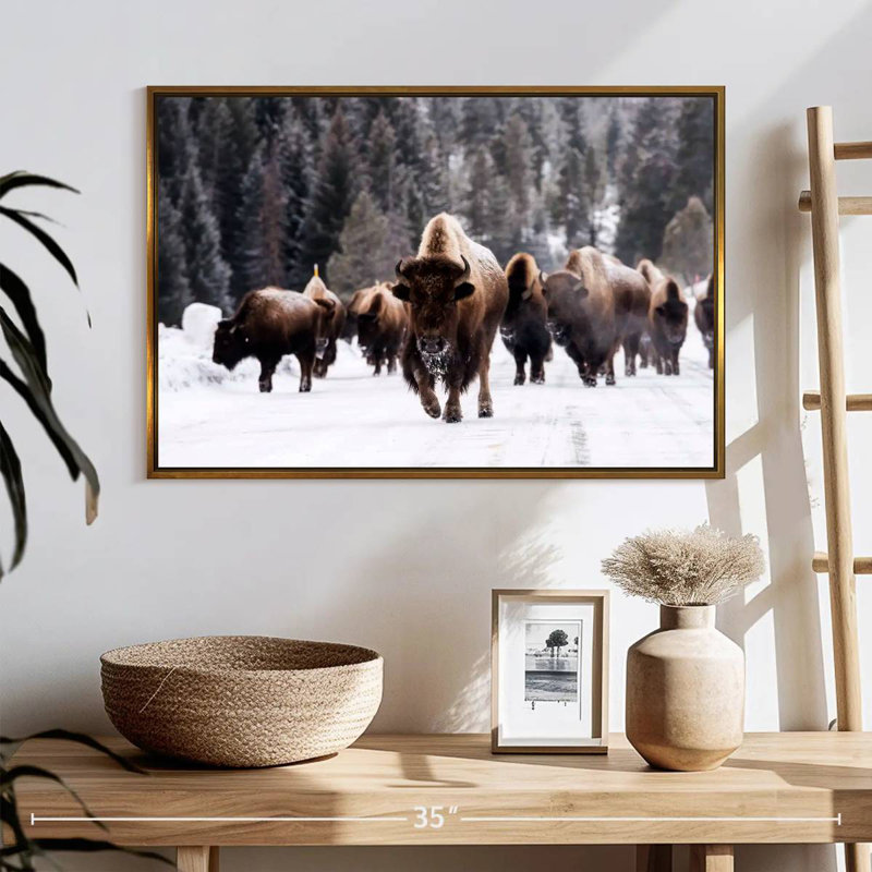 Winter Bisons, 25" X 17", Floating Frame Gold