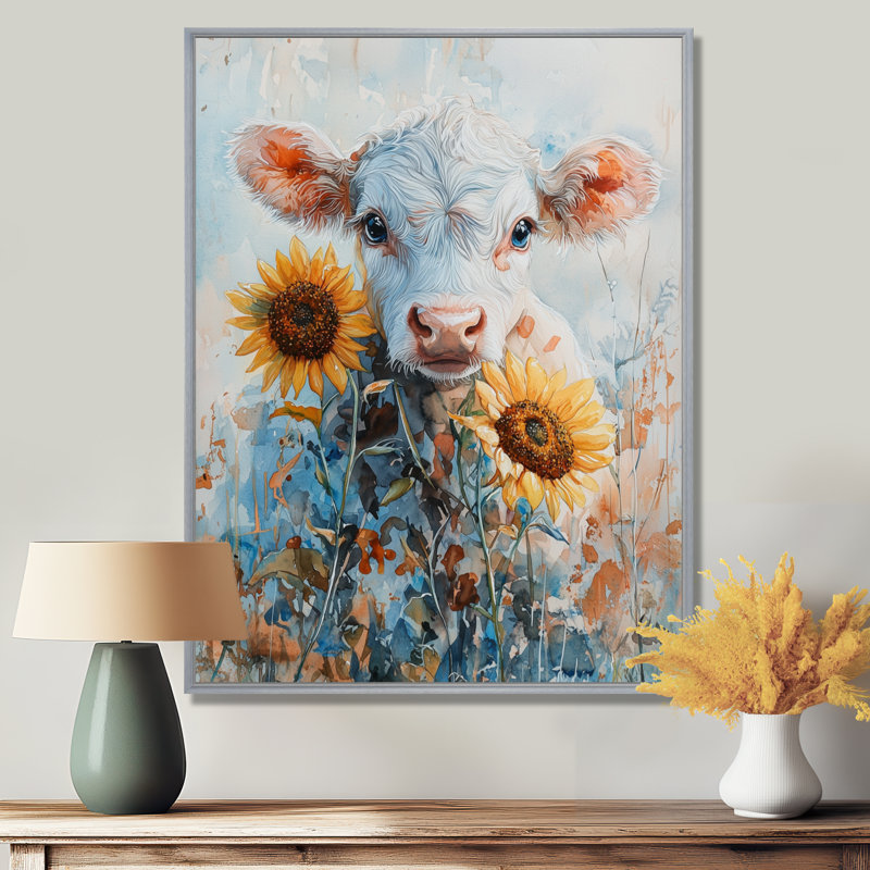 Peinture de vache Doerschuk avec pivoines V - art mural vache, H 32 po x l 24 po, Impression encadrée sans passe-partout